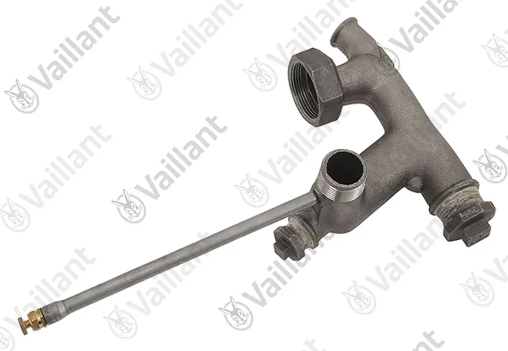 Vaillant Einlegeverteiler mit mehreren Anschlüssen und einem integrierten Rohr, gefertigt aus Metall, geeignet für Heizsysteme.
